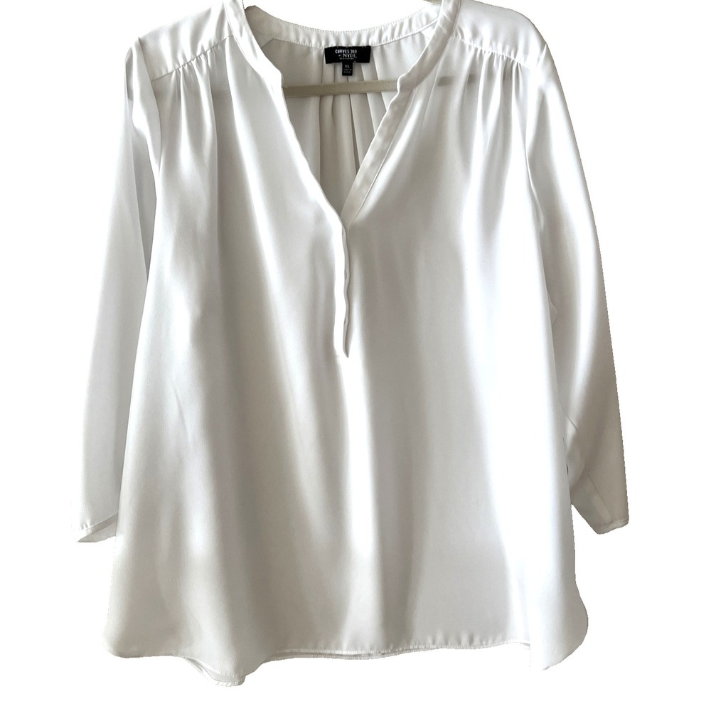 NYDJ Size X-Large Curves 360 Popover‎ White Pintuck Top|Blouse w Split Neck